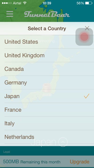 TunnelBear VPN Country Selection